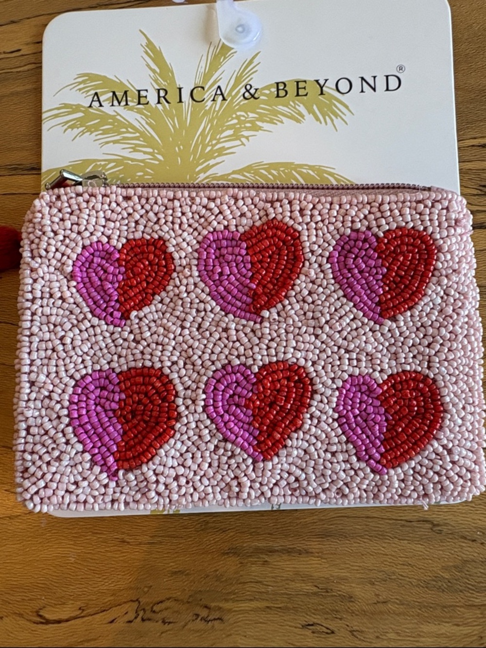 America & Beyond Beaded Heart Zip Pouch in Pink, Red & Magenta - Picture 2 of 2